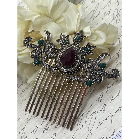 Vintage Style Victorian Ruby Emerald Rhinestone Hair Comb Gold Medieval 3 inch l - Picture 7 of 8